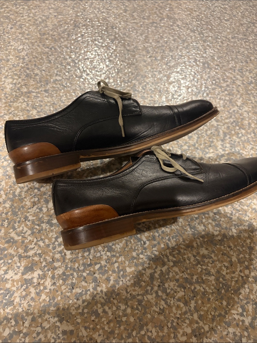 Johnston & Murphy Black Leather Lace-Up Oxfords with Tan Accents